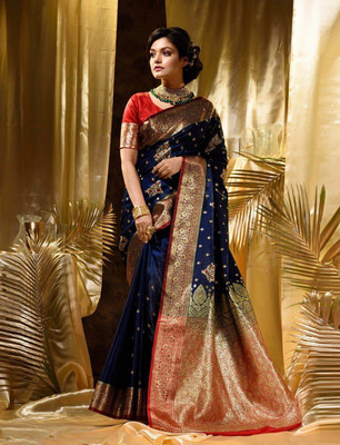Vhmart Self Design Chanderi Silk Blend Saree(Blue)