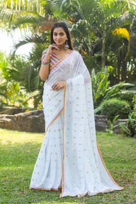Clemira Embellished Bollywood Georgette Saree(White)
