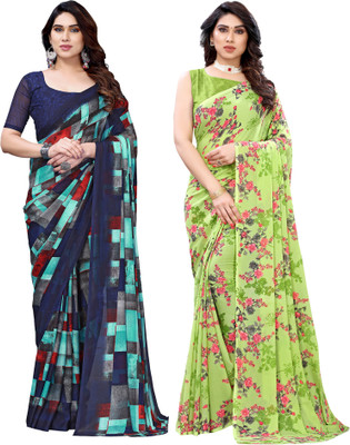 Samah Printed, Floral Print, Geometric Print Daily Wear Georgette Saree(Pack of 2, Multicolor)