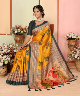 YASHIKA Printed Kalamkari Art Silk Saree(Yellow)