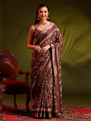 ANOUK Printed Chinnalapattu Silk Blend Saree(Brown)