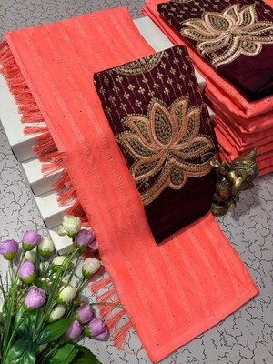 Pfancy silk Embellished, Embroidered, Floral Print, Striped, Self Design, Woven Kanjivaram Polyester Saree(Orange)