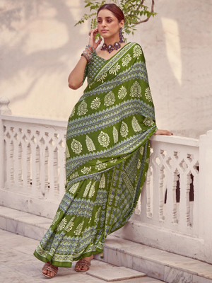 Tasrika Printed Hand Batik Crepe Saree(Light Green)