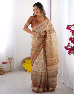 Tasrika Floral Print, Geometric Print, Embellished Handloom Linen Saree(Brown, Beige)