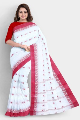 SANVISAREE Woven Tant Pure Cotton Saree(White, Red)