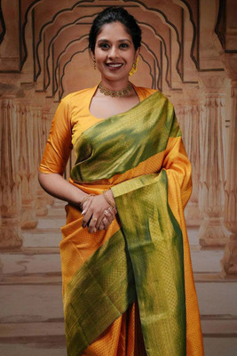 Dhruvil Impex Self Design Banarasi Pure Silk Saree(Yellow)