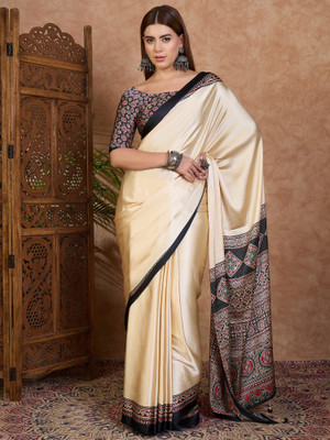 HouseOfCommon Paisley, Floral Print, Geometric Print, Digital Print Bollywood Silk Blend Saree(Cream, Black)
