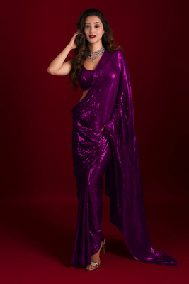 MADHUR HAND WORK ART Embroidered, Embellished Bollywood Georgette Saree(Purple)