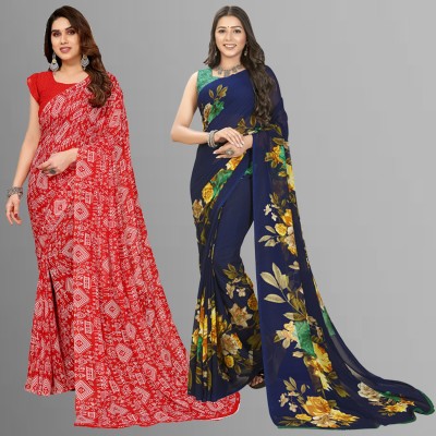 Anand Sarees Floral Print, Polka Print, Ombre, Printed Bollywood Georgette Saree(Pack of 2, Dark Blue, Red)