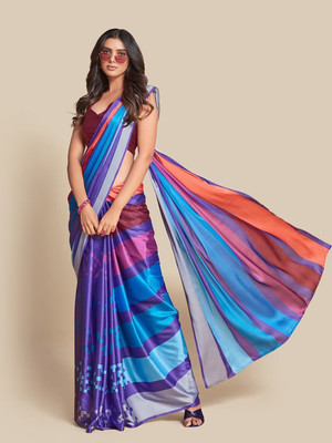 AVANSHEE Digital Print, Printed, Geometric Print, Color Block, Striped Bollywood Satin, Silk Blend Saree(Blue)