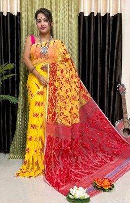 OWALID Self Design Jamdani Cotton Silk Saree(Mustard)