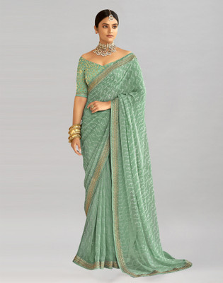 Samah Printed, Embellished Bandhani Georgette Saree(Light Green, White)