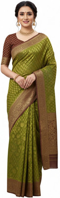 Aakriti Creation Floral Print, Self Design Banarasi Cotton Silk Saree(Green)