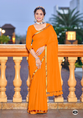 Divastri Solid/Plain Chanderi Cotton Blend Saree(Orange)