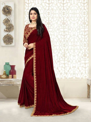SNH EXPORT Self Design Bollywood Velvet Saree(Maroon)