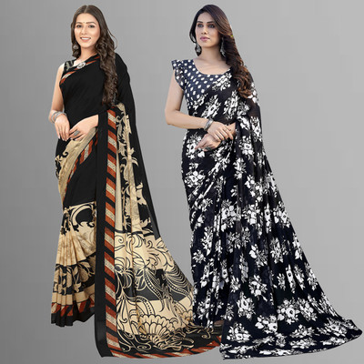 Anand Sarees Floral Print Daily Wear Georgette Saree(Pack of 2, Black, Beige)