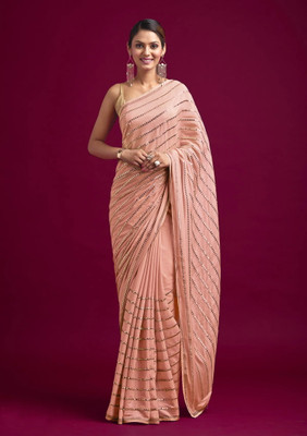 Trendmalls Striped Bollywood Silk Blend Saree(Orange)