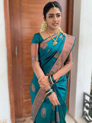 ROOP LAVANYA Woven Kanjivaram Cotton Silk, Jacquard Saree(Green, Blue)