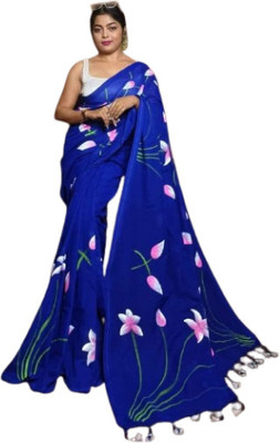 SOHAM SAREE GHAR Hand Painted, Printed Handloom Cotton Blend Saree(Blue)