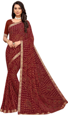 Divastri Geometric Print, Printed, Embellished Bandhani Chiffon Saree(Maroon, Yellow, Multicolor)