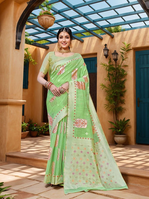 ANOUK Woven Chanderi Linen Saree(Light Green)