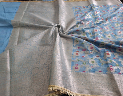 Shanwaz Ahmad Embellished, Self Design Banarasi Silk Blend, Georgette Saree(Light Blue)
