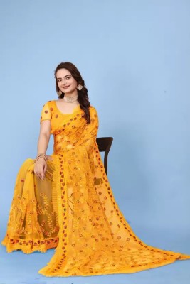 A To Z Cart Embroidered Bollywood Net Saree(Yellow)