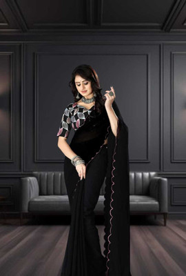 ZENFAB THREADS Embroidered Bollywood Georgette Saree(Black)