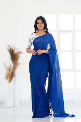 Padma Solid/Plain Saree with Attached Blouse Pure Cotton Saree(Blue)