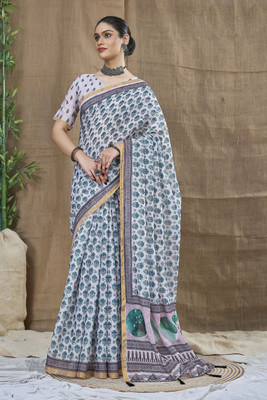 Santro Sarees Floral Print Daily Wear Cotton Linen Saree(Grey)