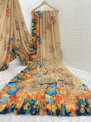 Pemal Designer Digital Print Bollywood Georgette Saree(Multicolor)