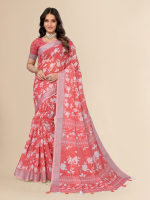 Santro Sarees Digital Print Daily Wear Cotton Linen Saree(Red)