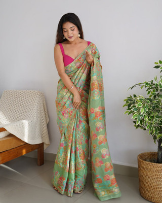 ESOMIC Striped Banarasi Art Silk Saree(Green)