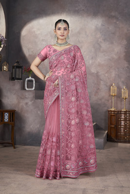 Tasrika Embroidered Bollywood Net Saree(Pink)