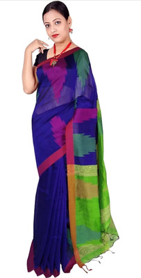 Kumaresh Creation Temple Border Handloom Cotton Silk Saree(Blue, Light Green)
