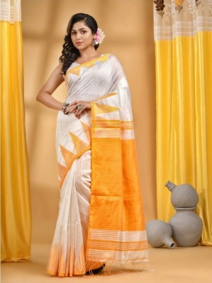 Krishneshwari Woven Handloom Cotton Blend Saree(White, Yellow)