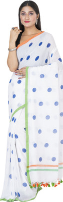 SAYAN CREATION Polka Print Bollywood Pure Cotton Saree(White, Orange, Green, Blue)