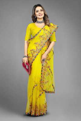 YASHVI Embroidered Bollywood Net Saree(Yellow)