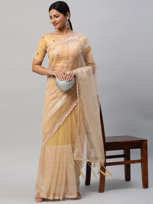 KASEE Embroidered, Embellished Bollywood Net Saree(Gold)