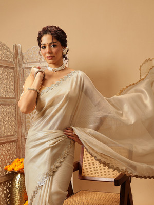 Divastri Solid/Plain Bollywood Silk Blend Saree(Beige)