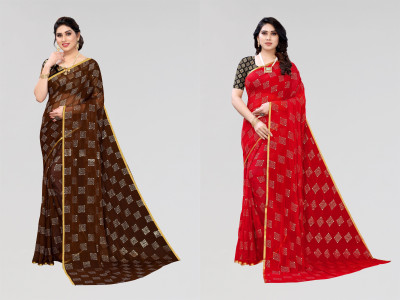 FABMORA Printed Bollywood Chiffon Saree(Pack of 2, Red, Brown)