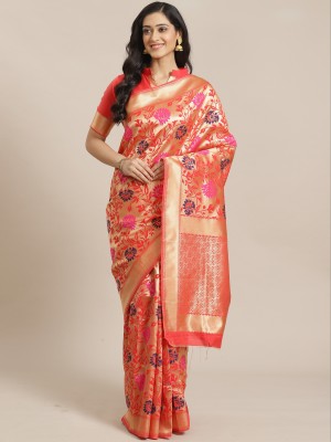 BOVTY Printed Banarasi Jacquard, Tussar Silk Saree(Orange)