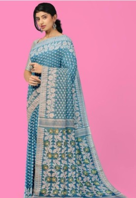 ABARAN BUTIQ Printed Jamdani Cotton Silk Saree(Light Blue)