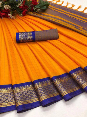 JbWorld Checkered, Woven Gadwal Cotton Silk, Pure Silk Saree(Gold, Blue)
