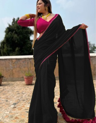 Divastri Solid/Plain Bollywood Georgette, Lace Saree(Black)