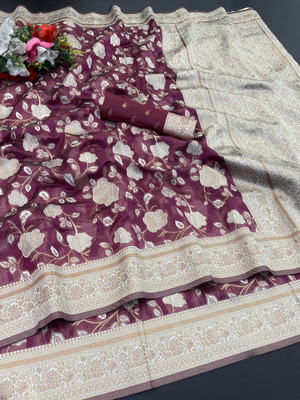 AAINA CREATION Floral Print Bollywood Tissue Saree(Magenta)
