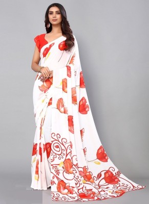 Dori Floral Print, Printed, Geometric Print Daily Wear Georgette Saree(White, Red)