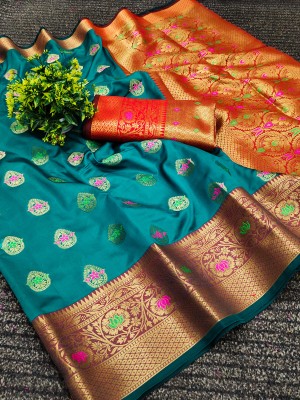 DRAVYA WOMEN Woven, Self Design Banarasi Silk Blend, Pure Silk Saree(Blue)