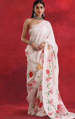 AARAANA Woven, Self Design, Geometric Print Kanjivaram Linen Saree(White)