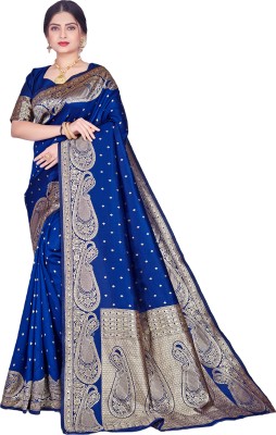 SHRIMAY Woven, Polka Print, Self Design Banarasi Silk Blend, Jacquard Saree(Dark Blue)